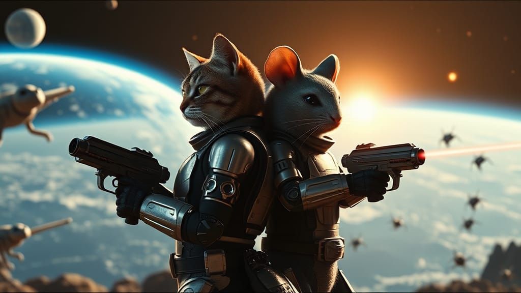 Cat and Mouse Space Warriors in Cinematic Sci-Fi Battle