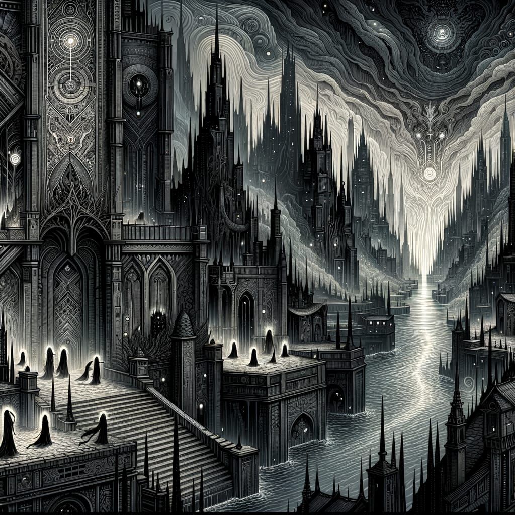 Enigmatic Dark Fantasy City Beneath a Foreboding Sky