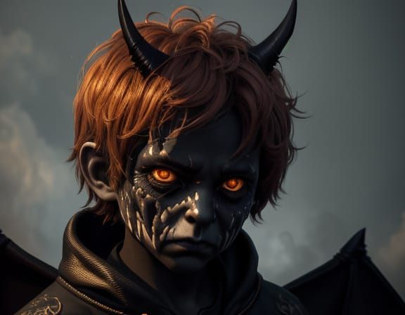 Boy with Bat Wings Celebrating Halloween in Oil Painting Sty...