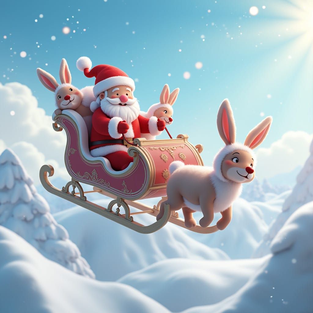 Sleigh Ride over Snowy Landscape with Easter Bunny Reindeer....