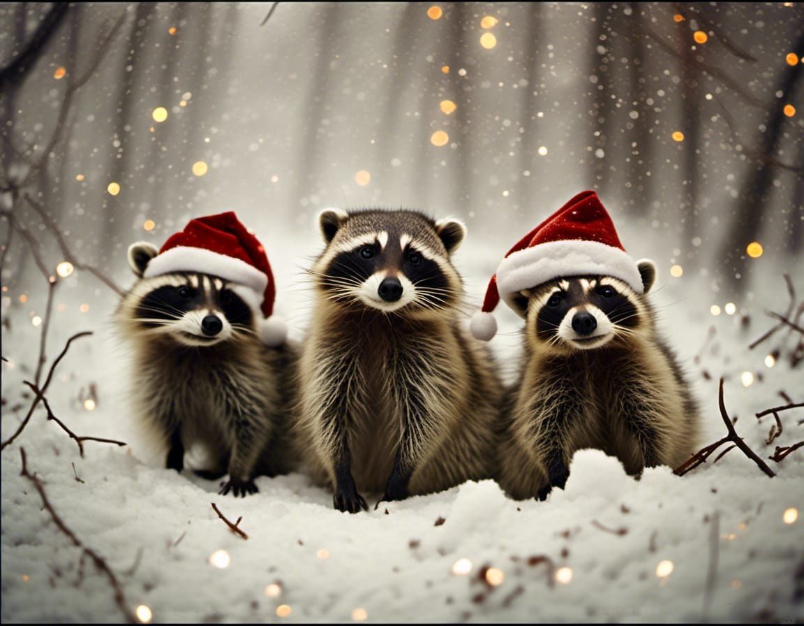 Raccoons Celebrate Christmas in Dark Surrealist Style