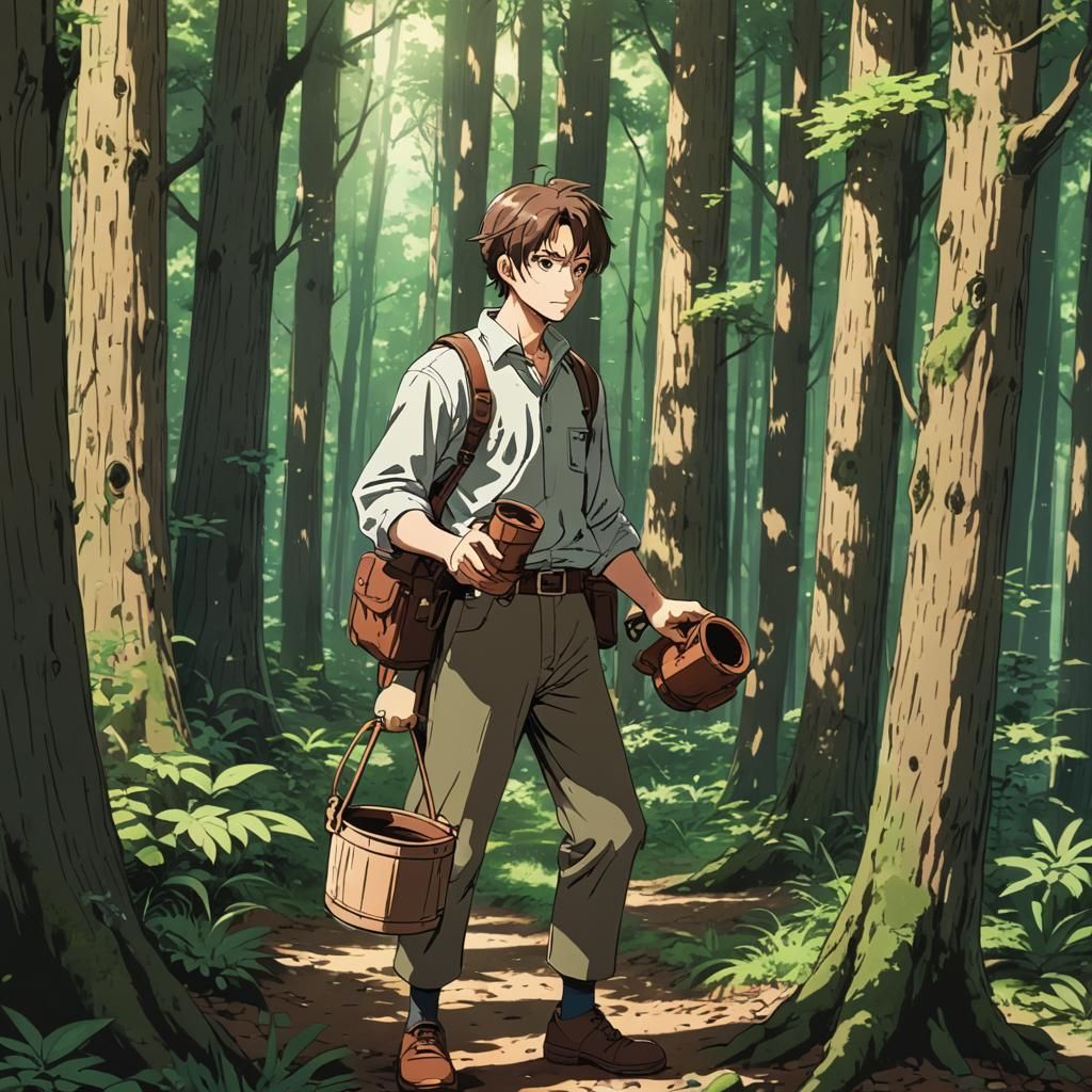Man Carries Crock in Forest: Cel-Shaded Anime Art