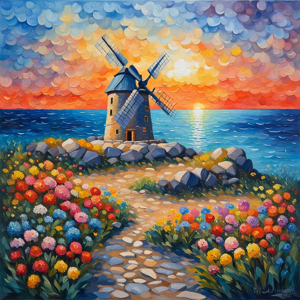 Seashore Windmill in Vivid Watercolour Impressionism