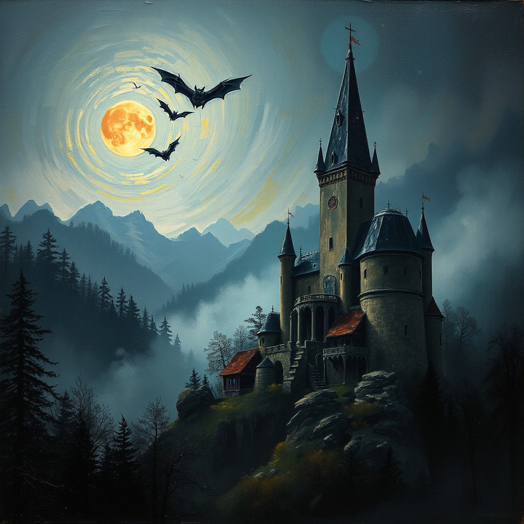 Castle Bran in Moonlight: Impasto Oil Painting