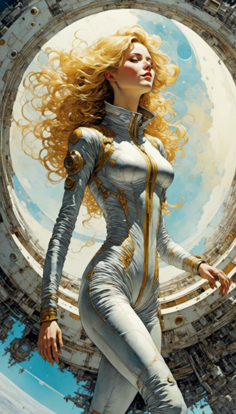 Woman Floats Over Saturn in Sci-Fi Watercolor