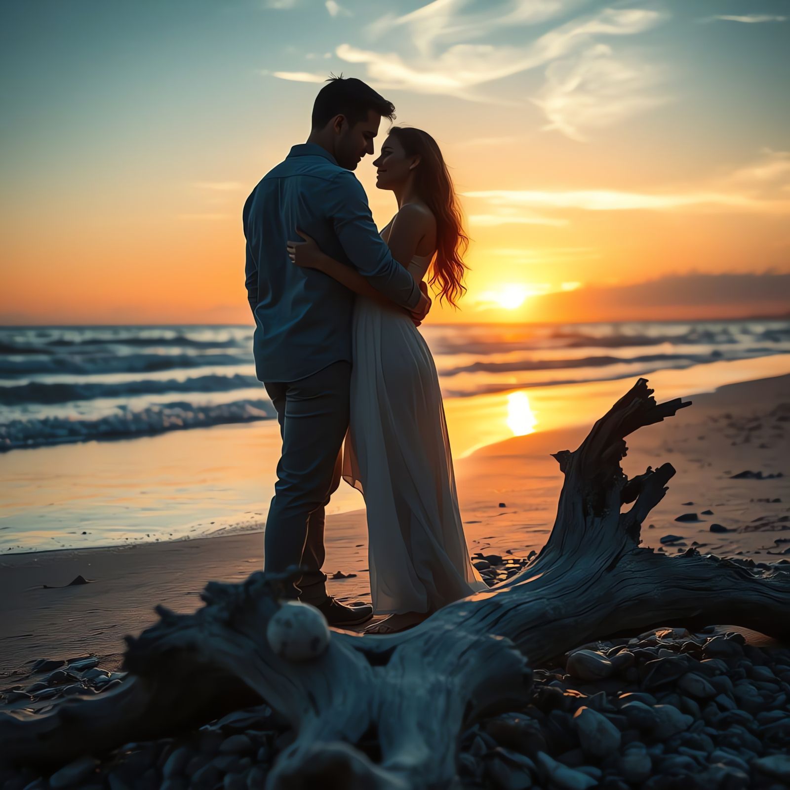 Hyperrealistic Beach Scene with Embracing Couple and Driftwo...