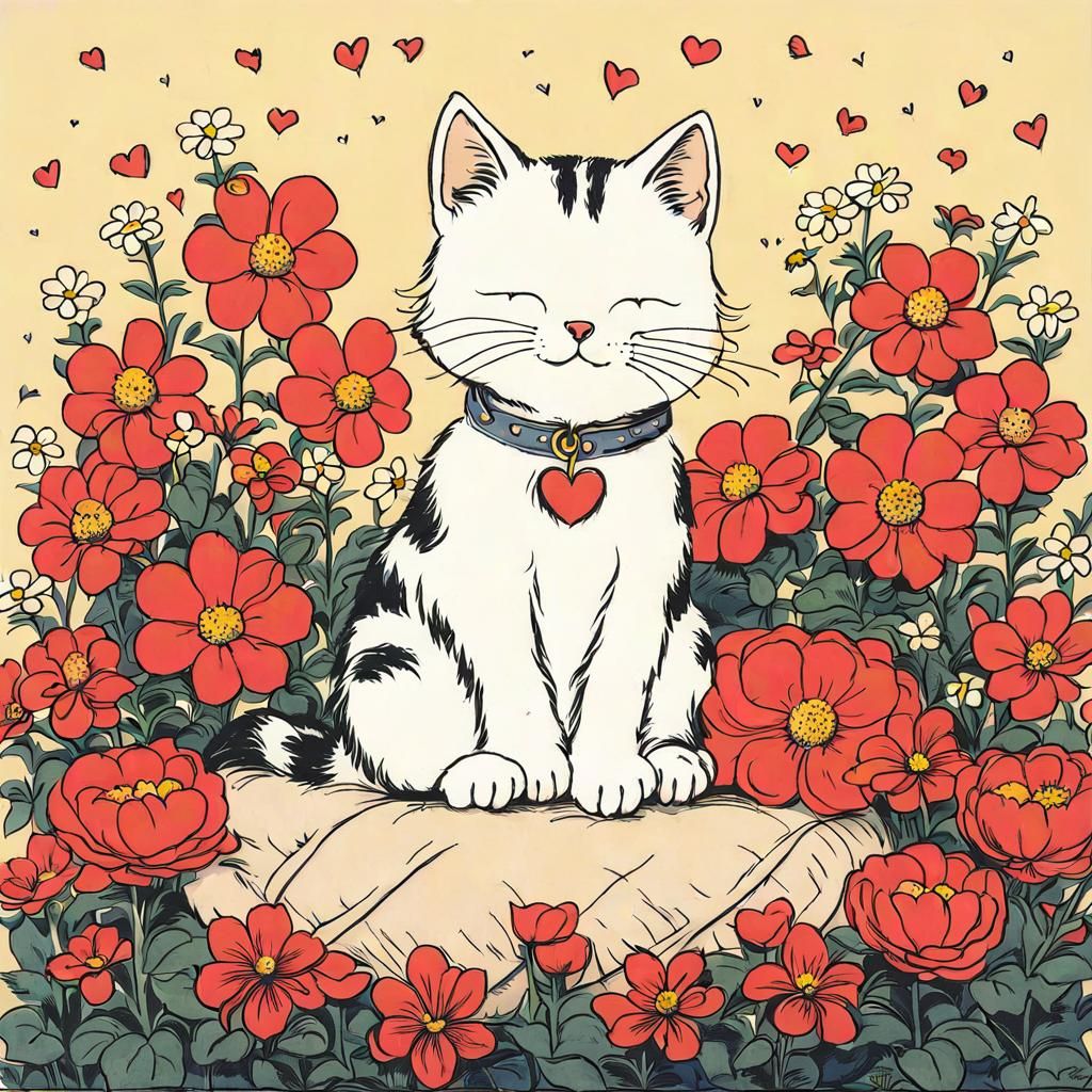 Cute Cat Surrounded by Flowers in Comic Art Style