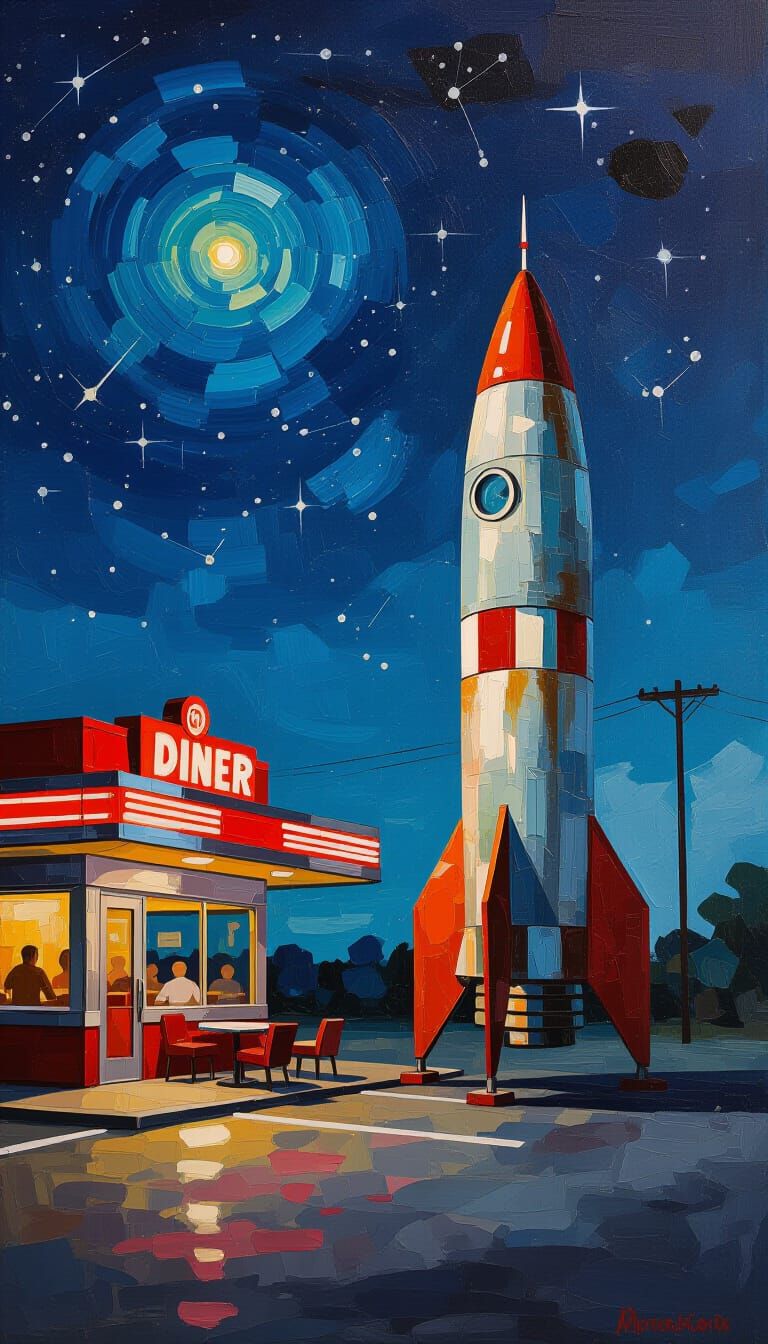 Diner and Rocketship at Night as Impasto Oil Painting