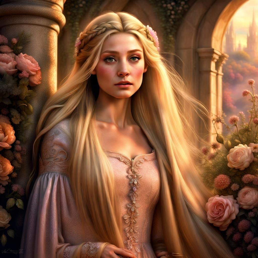 Ethereal Princess Rapunzel with Flowers, 3D Render