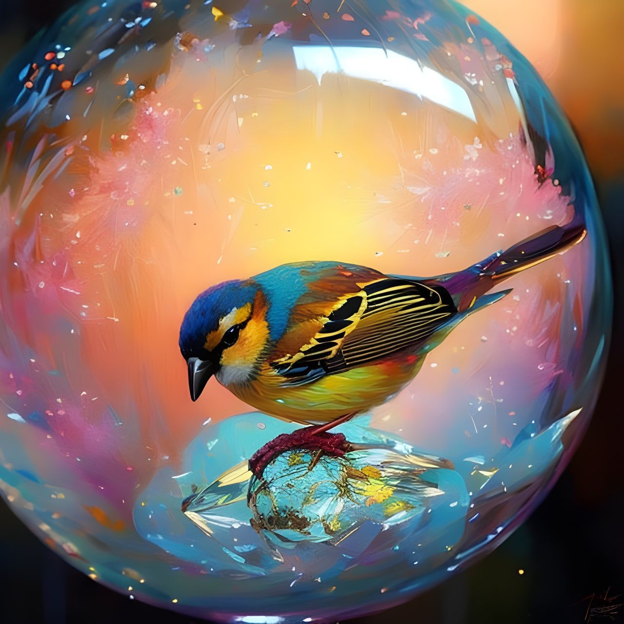Golden Sparrow in a Bubble: Detailed Digital Art