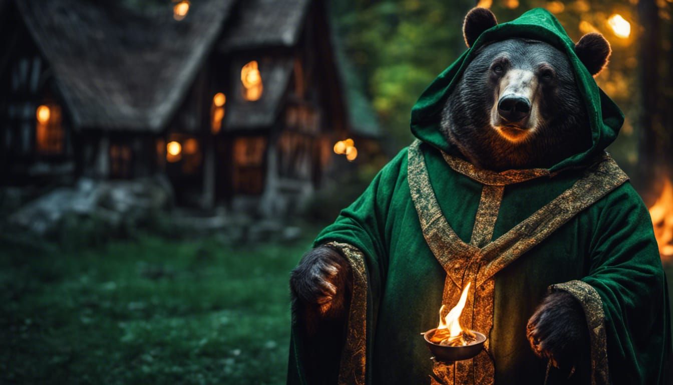 Mage Bear Portrait in Bonfire-Lit Castlecore Royalscape