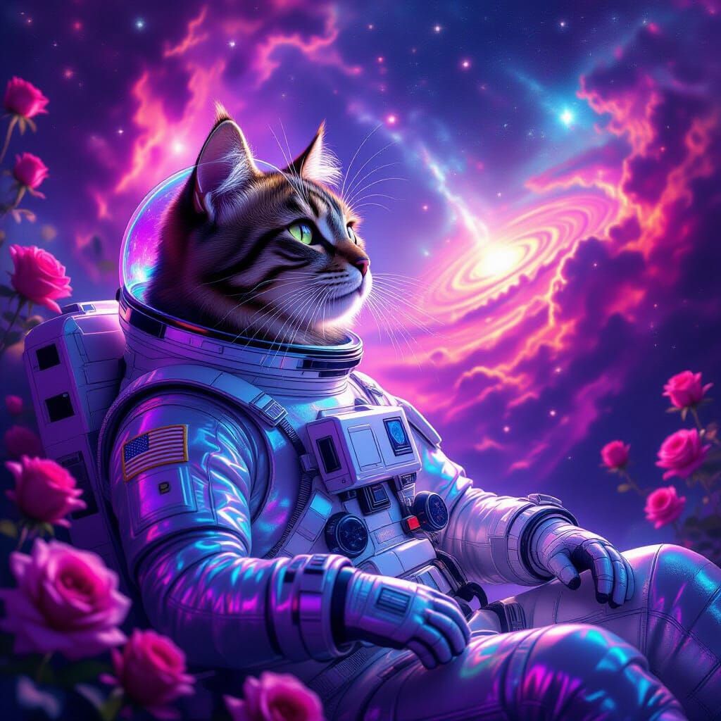 Feline Astronaut in Cosmic Nebula