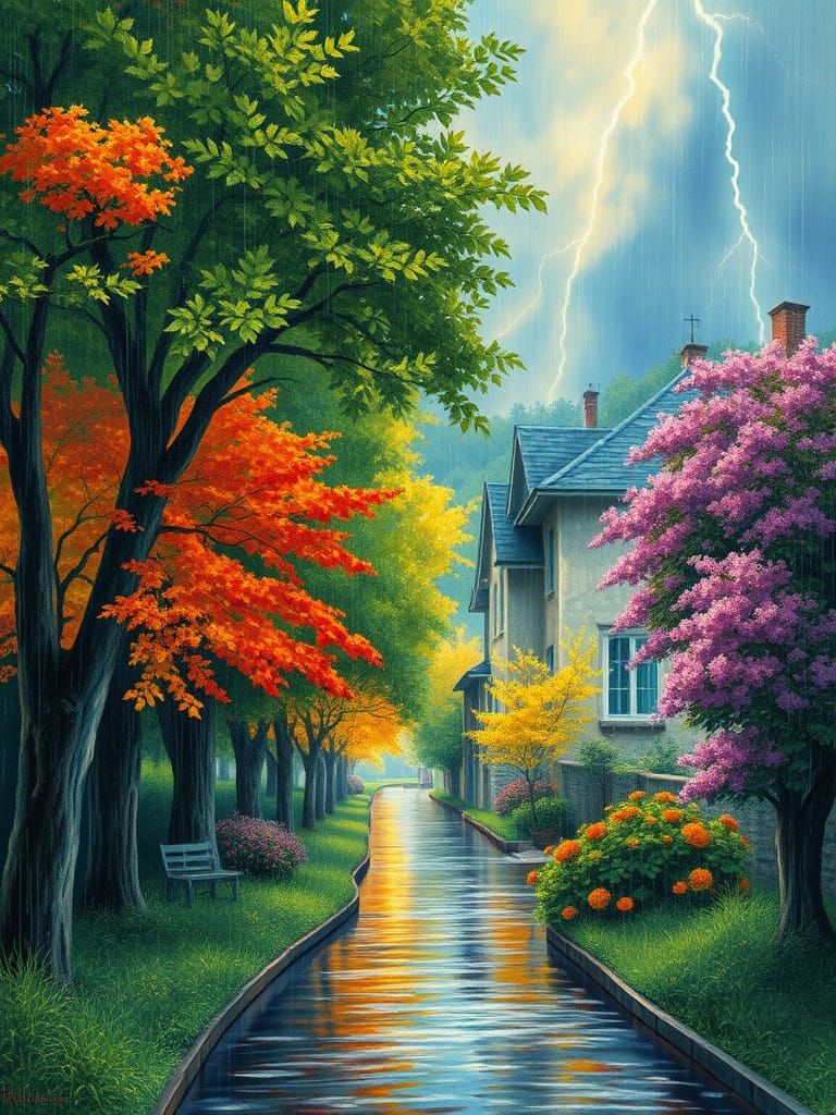 Village in Rainy Season: Watercolor Painting