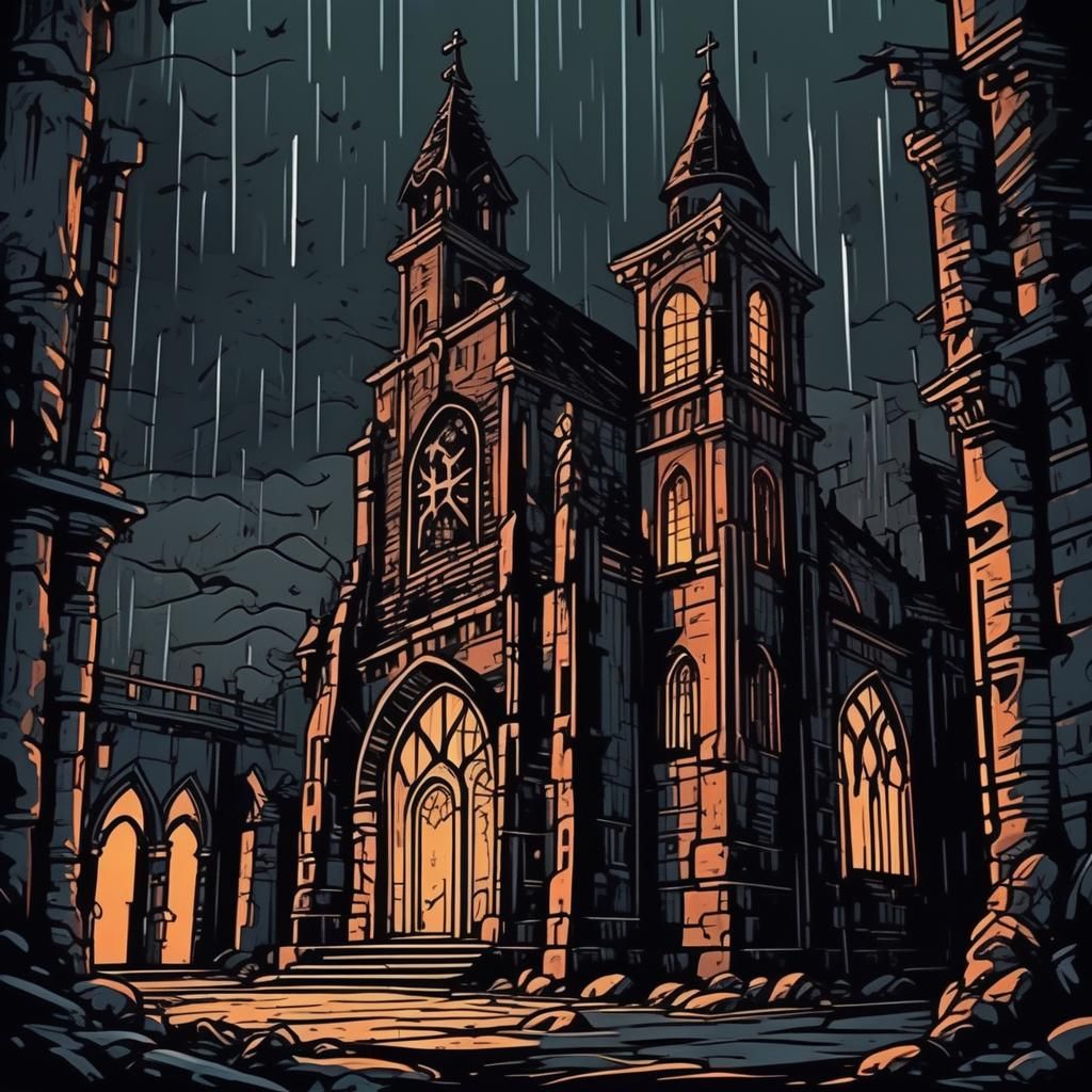 Lovecraftian Church in Medieval City: Cell Shading Art