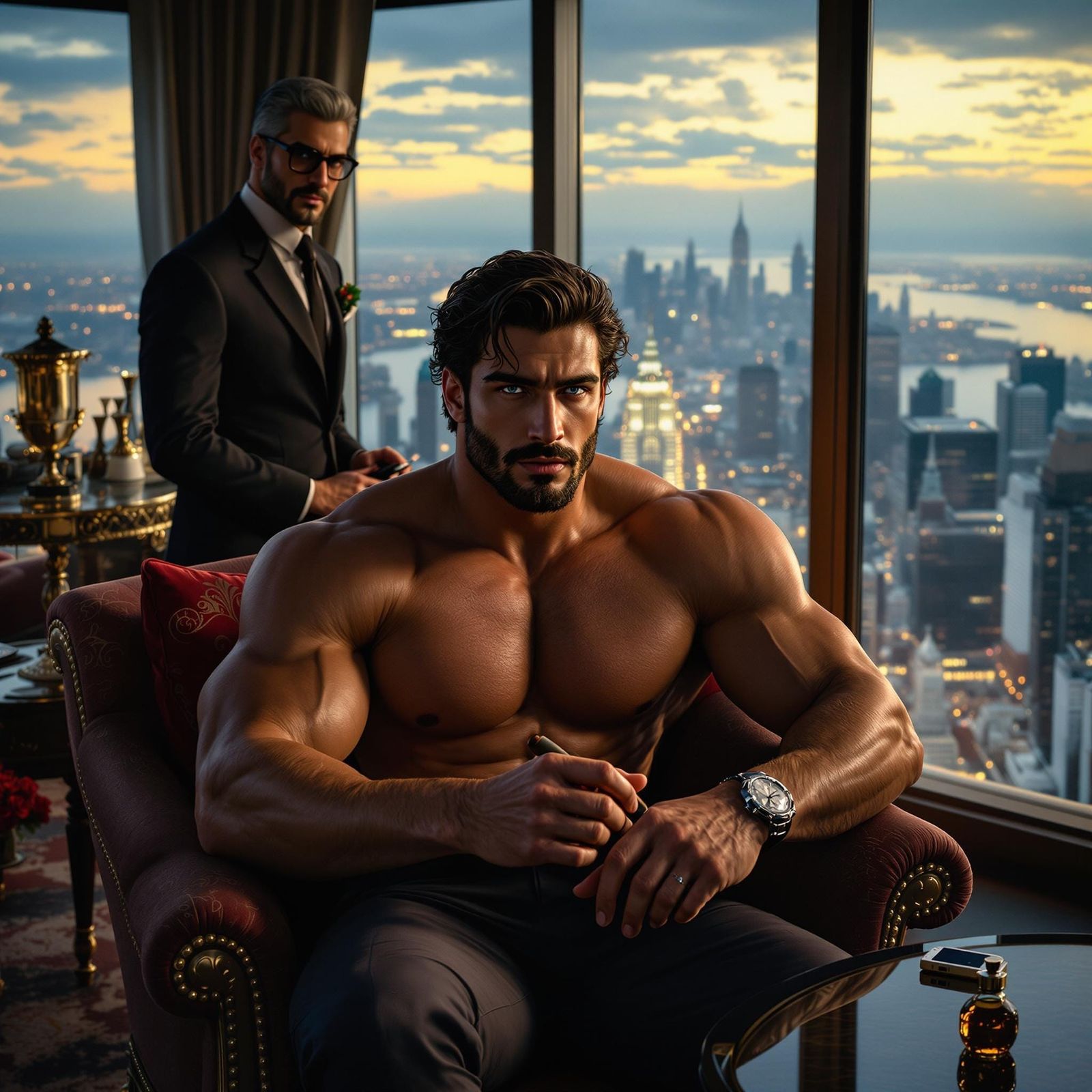 Luxurious Italian-American Gentleman Smokes Cigar in Lavish ...