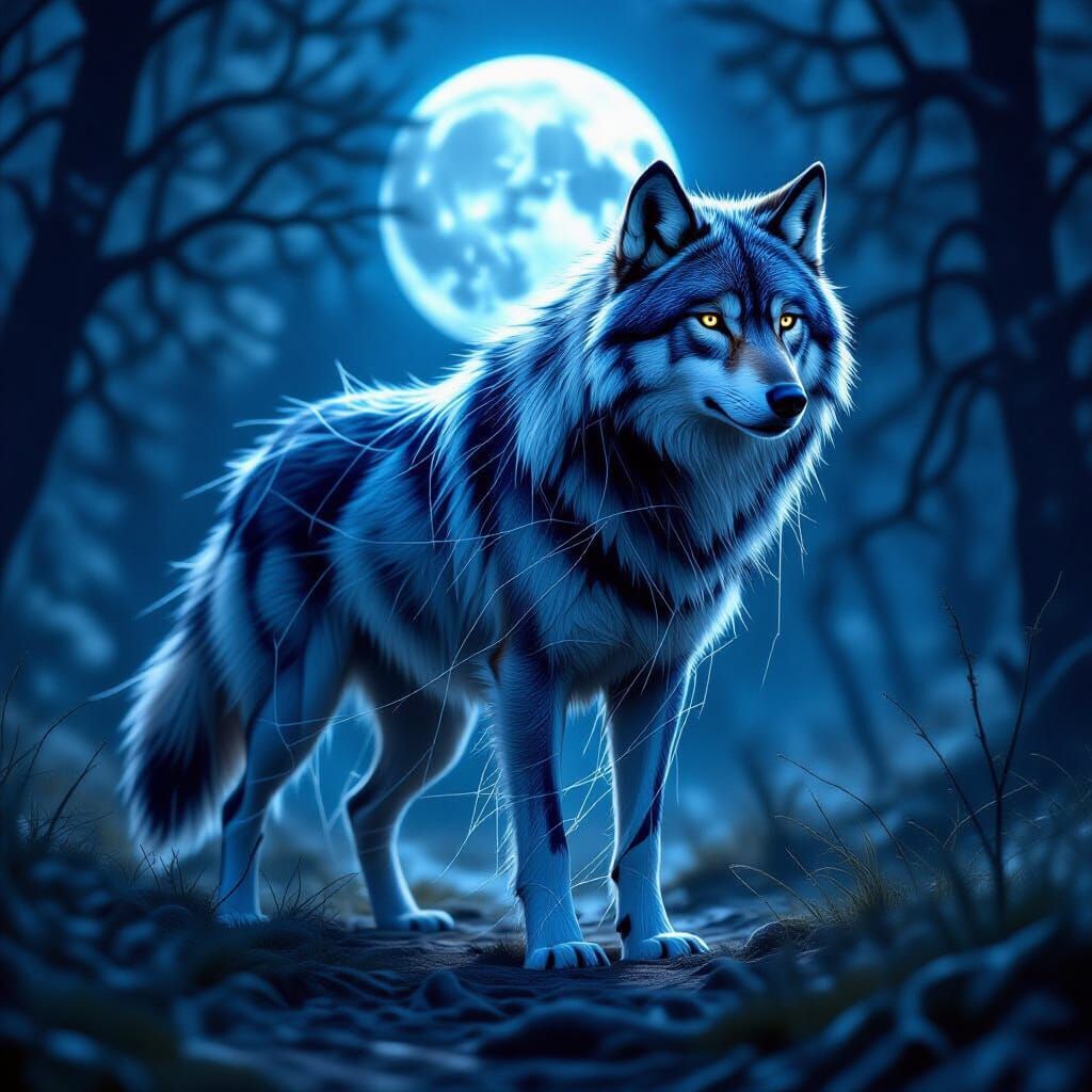 Ethereal Spiderweb Wolf in Moonlit Clearing