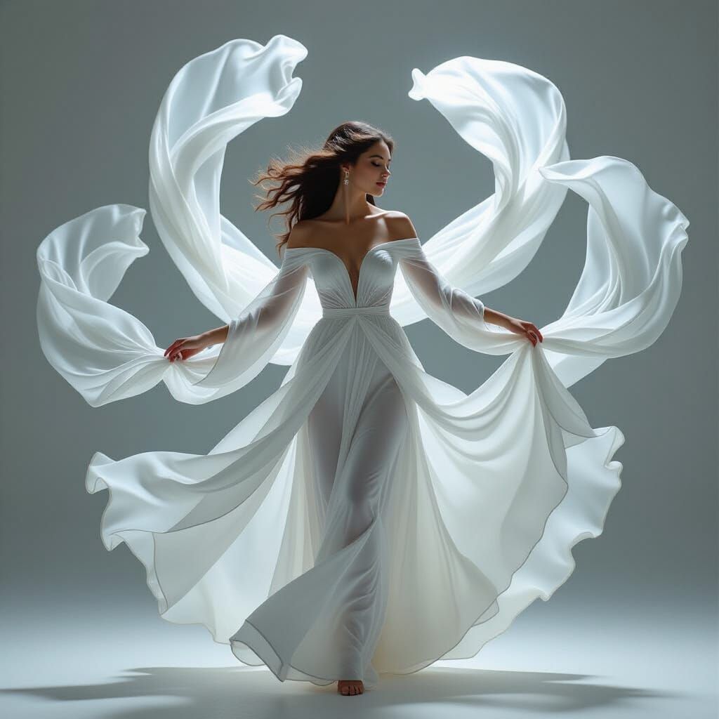 Ethereal Dancer in Flowing Gown with Swirling Cloaks