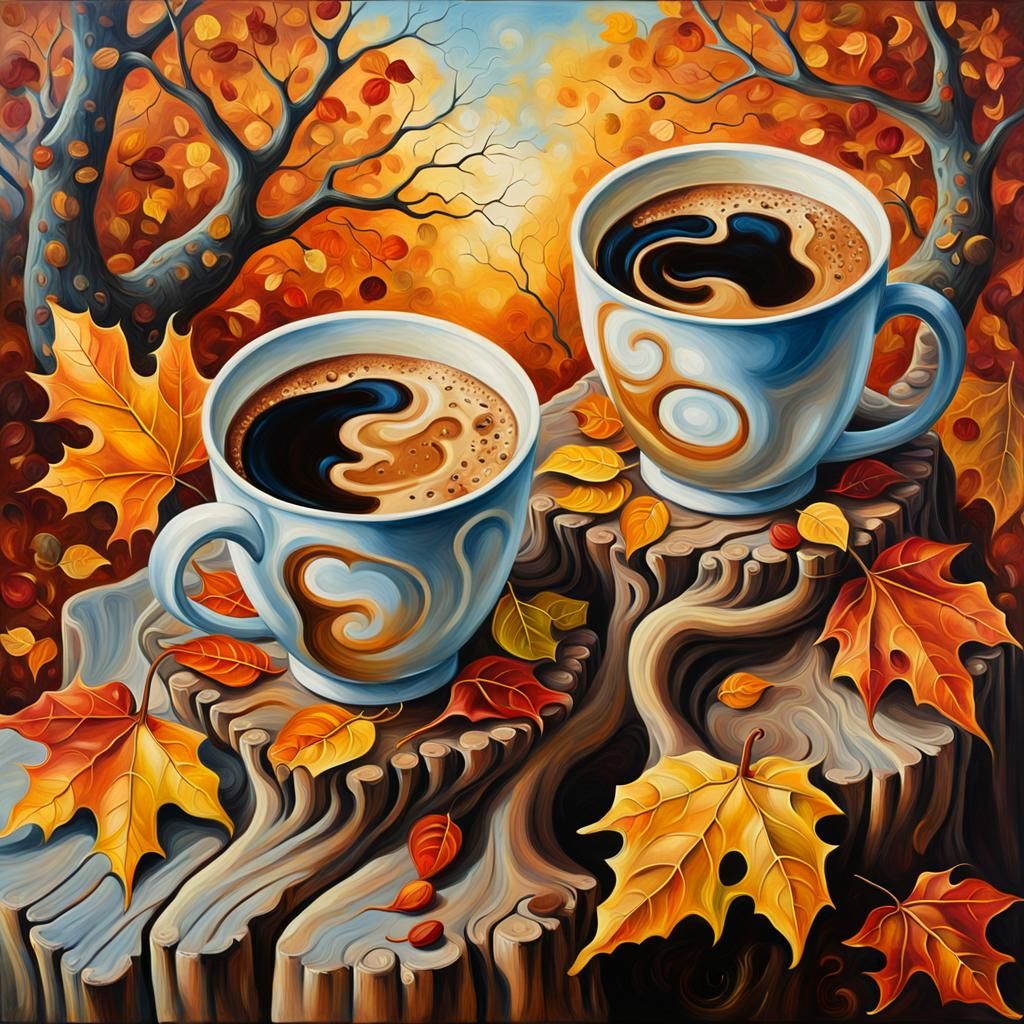 Surreal Autumn Coffee Cups in Oil on Canvas