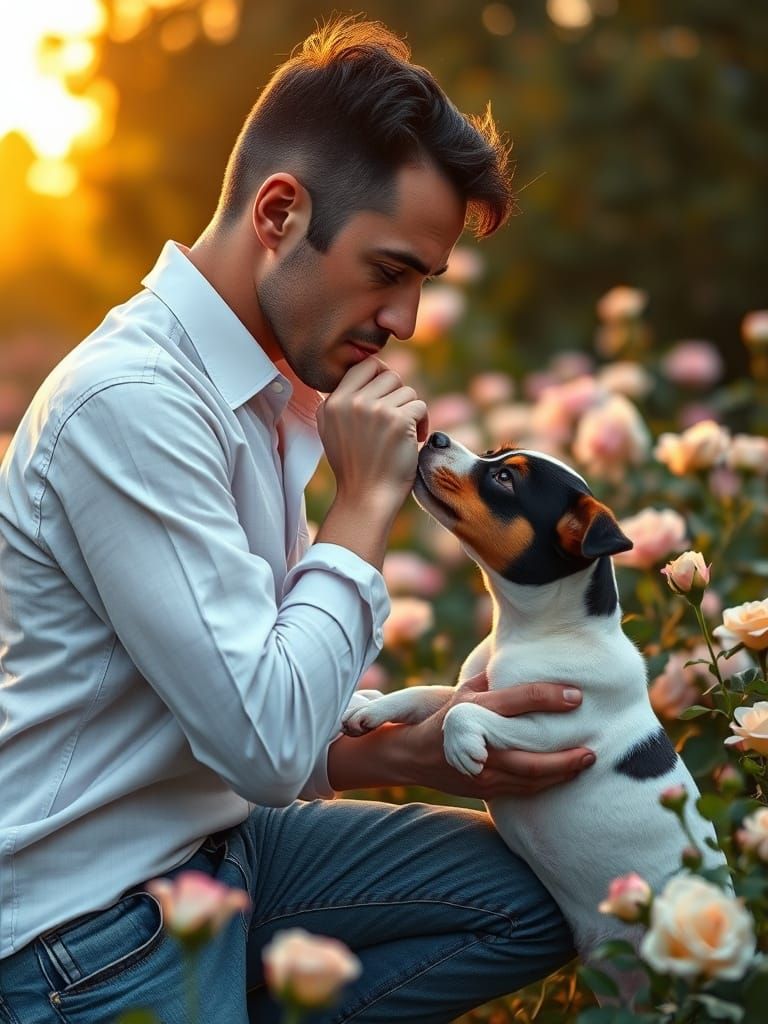 Man Kisses Puppy in Rose Garden at Golden Hour