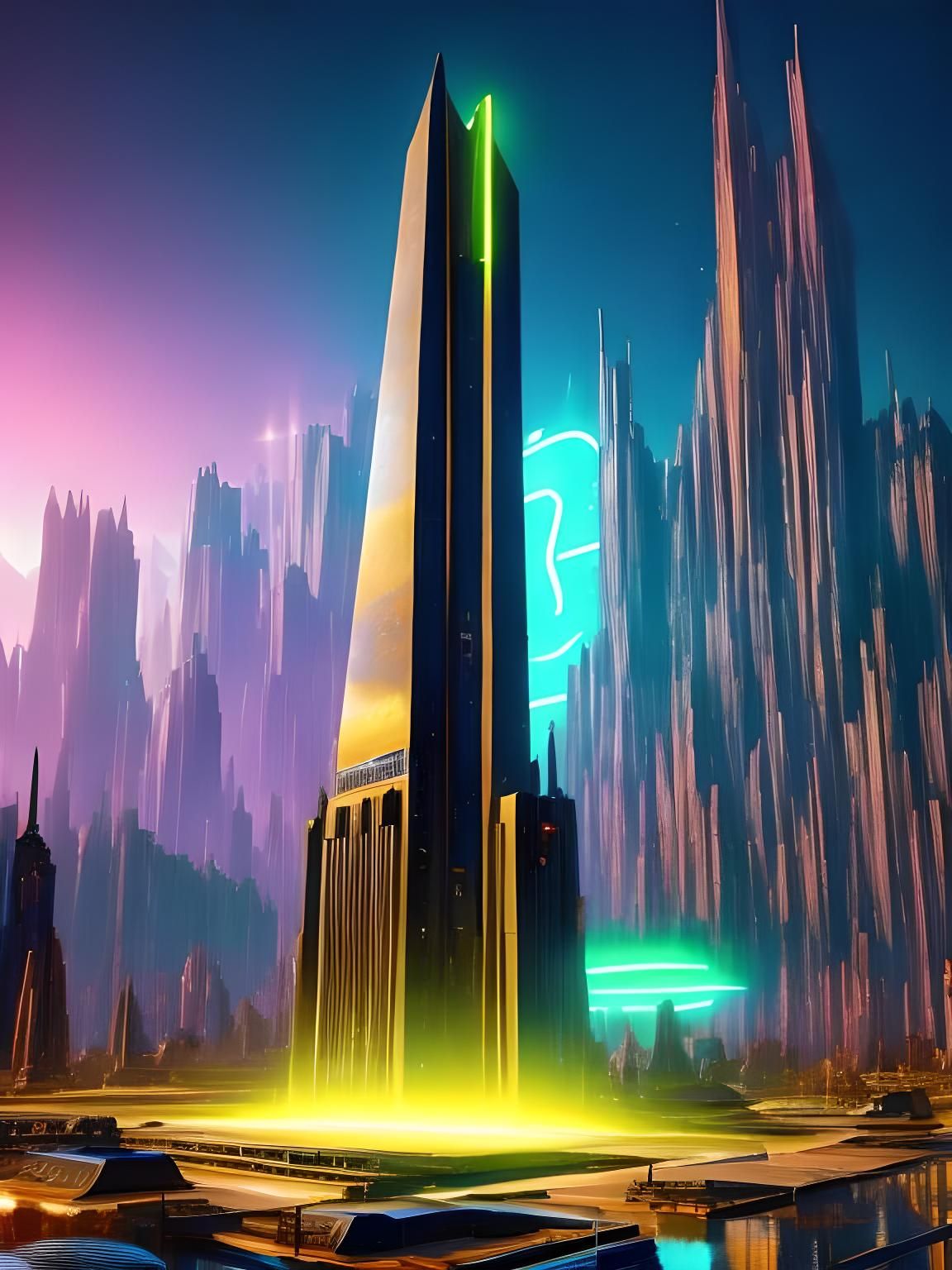 Cyberpunk Obelisk in Utopian Solarpunk City