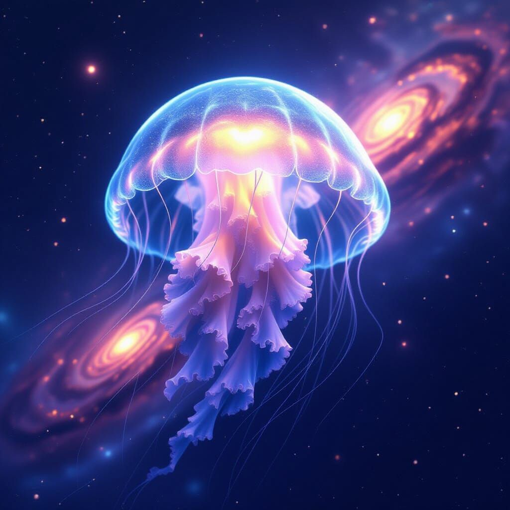 Bioluminescent Jellyfish Drifting Through Cosmic Nebula