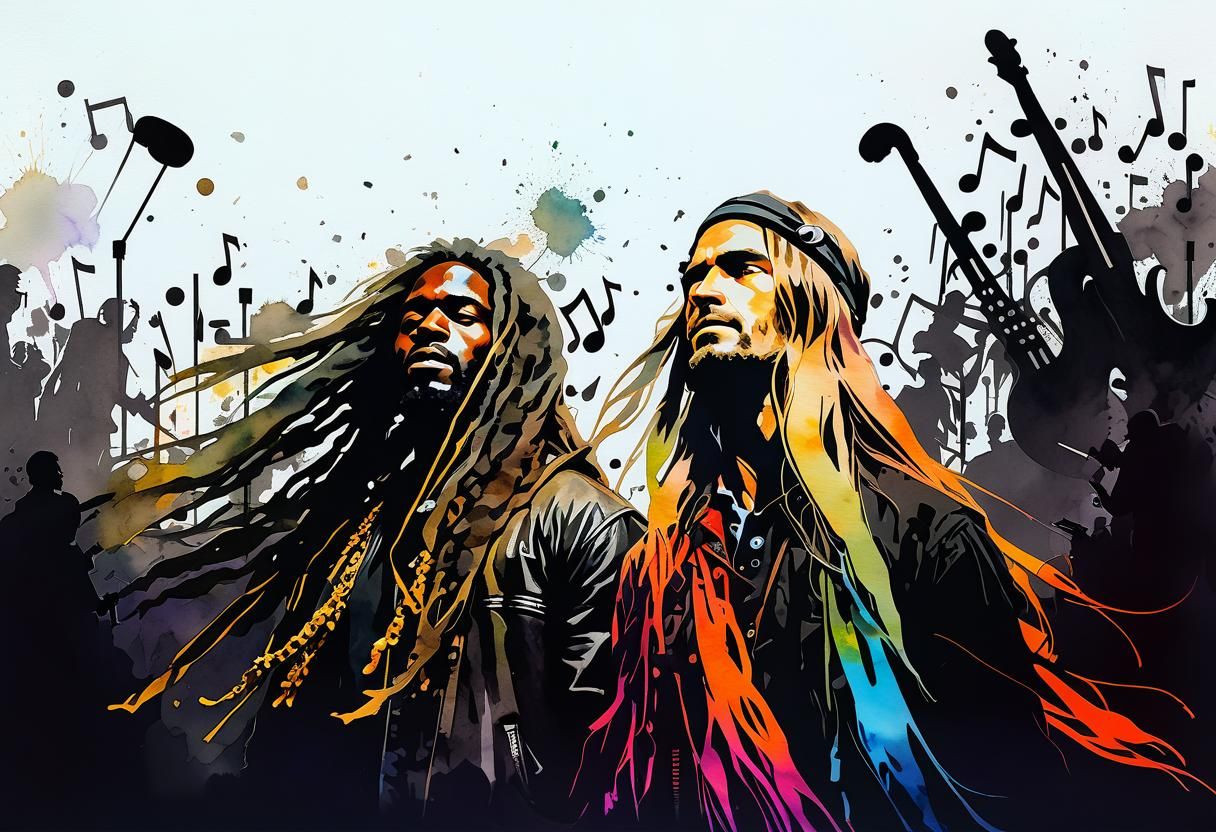 Headbangers in Watercolor Style with Music Notes