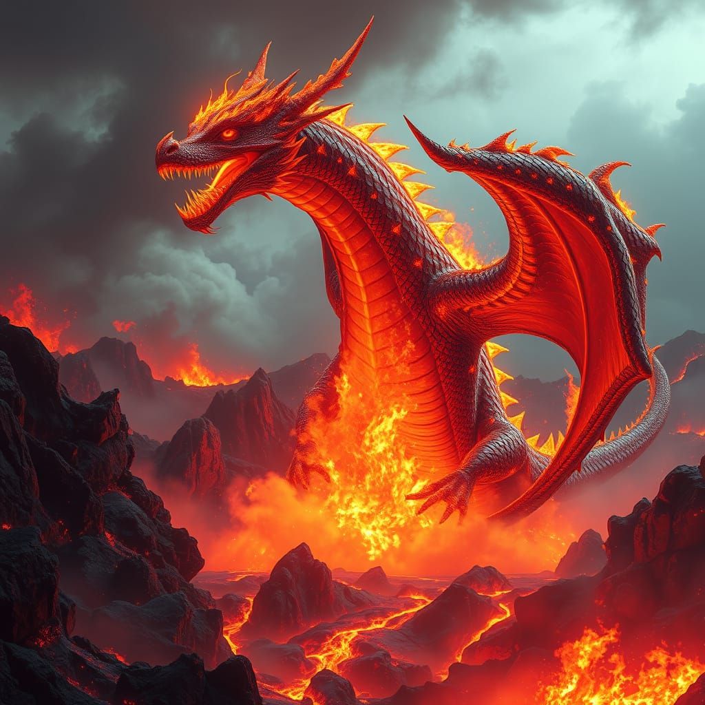 Fire Dragon Emerges from Erupting Volcano