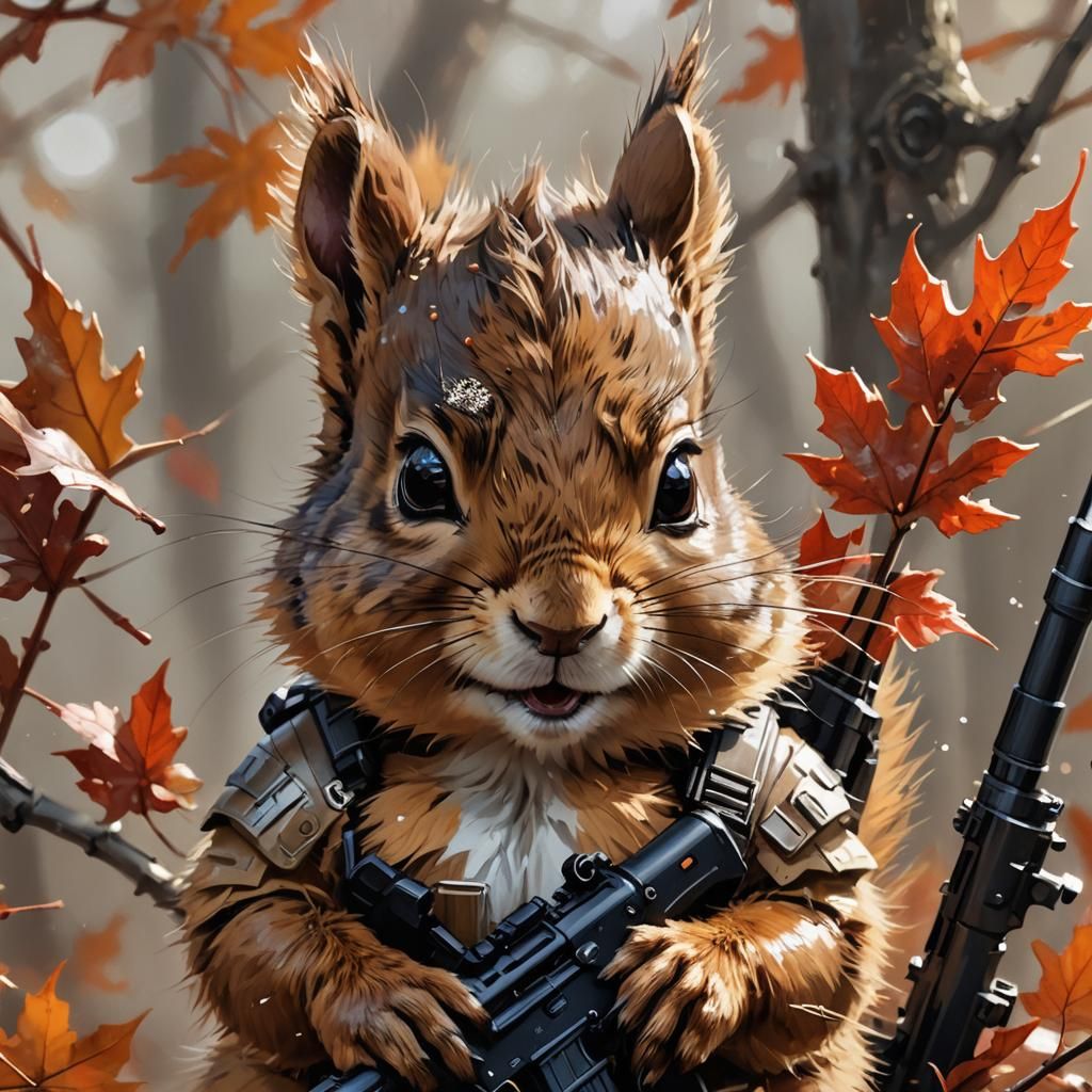 Cute Baby Squirrel with AR-15: Detailed Digital Art