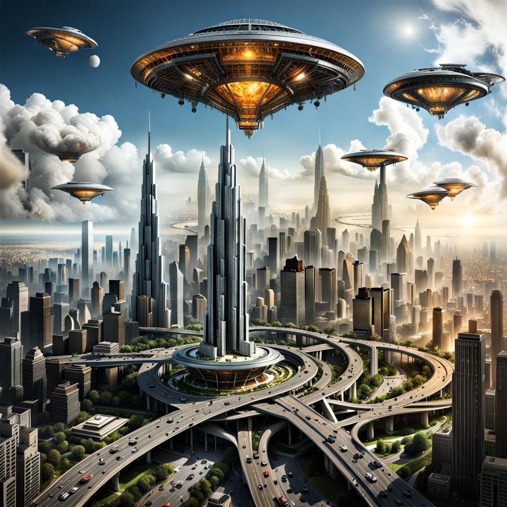 Cyberpunk Spaceships Over Dystopian Newark, New Jersey