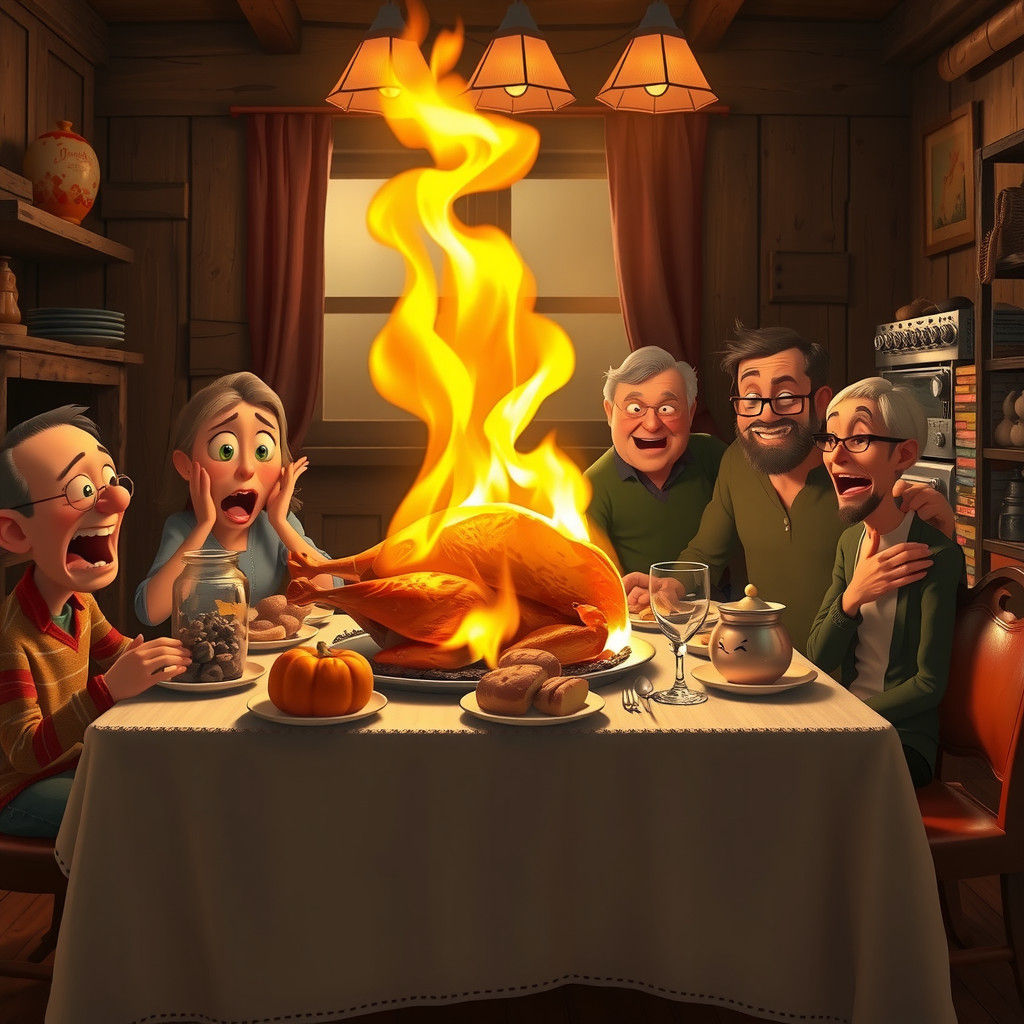 Thanksgiving Surprise: Flaming Turkey at Family Dinner