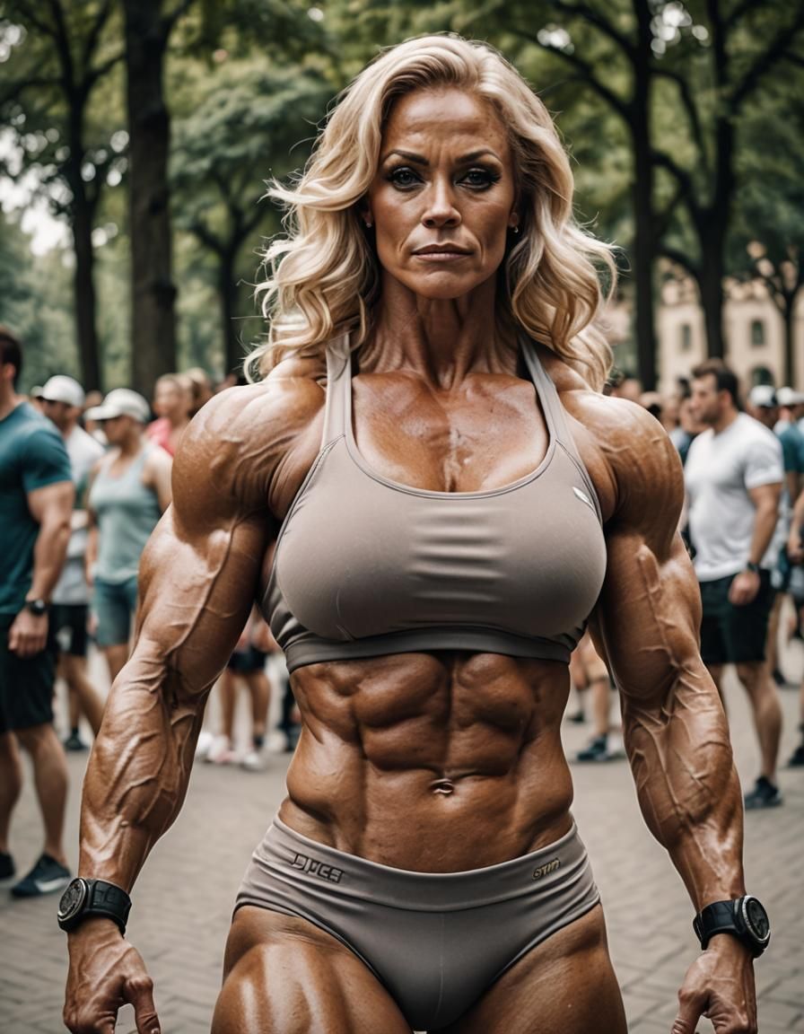 Muscular Female Bodybuilder Showcases Physique in Park