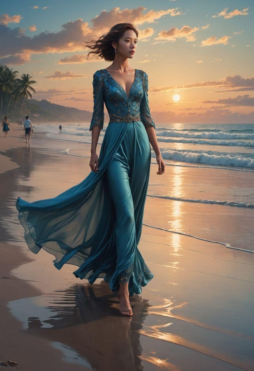 Twilight Beach Stroll: Cinematic Digital Illustration