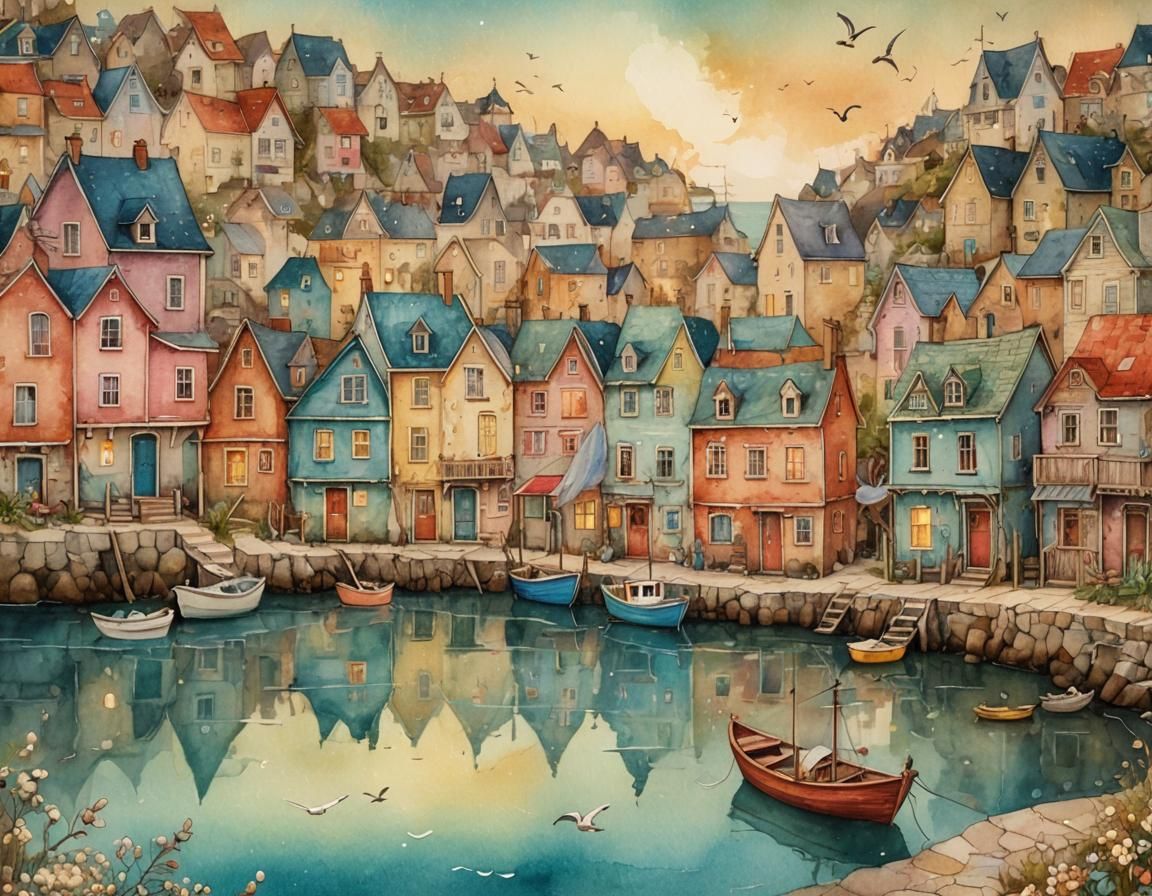 Charming Coastal Village: Surreal Fairytale Illustration