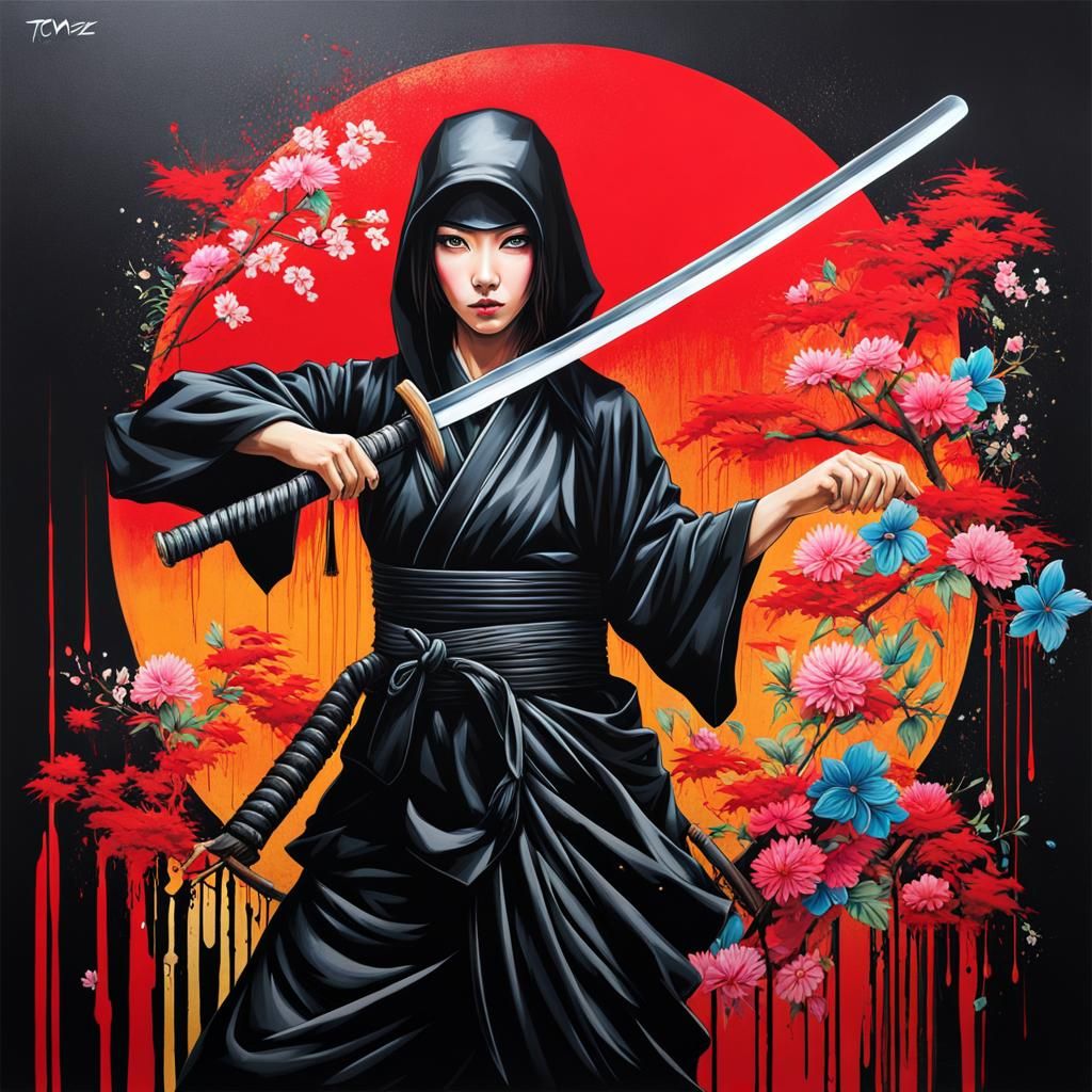 Japanese Woman Ninja with Katana in Graffiti Art Style