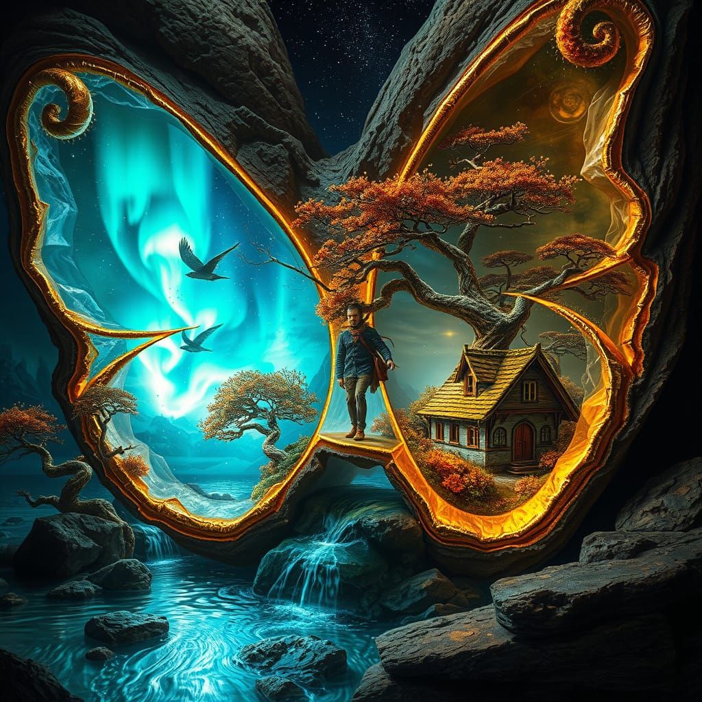 Surreal Scene of Glowing Butterfly Within Crystalline Geode