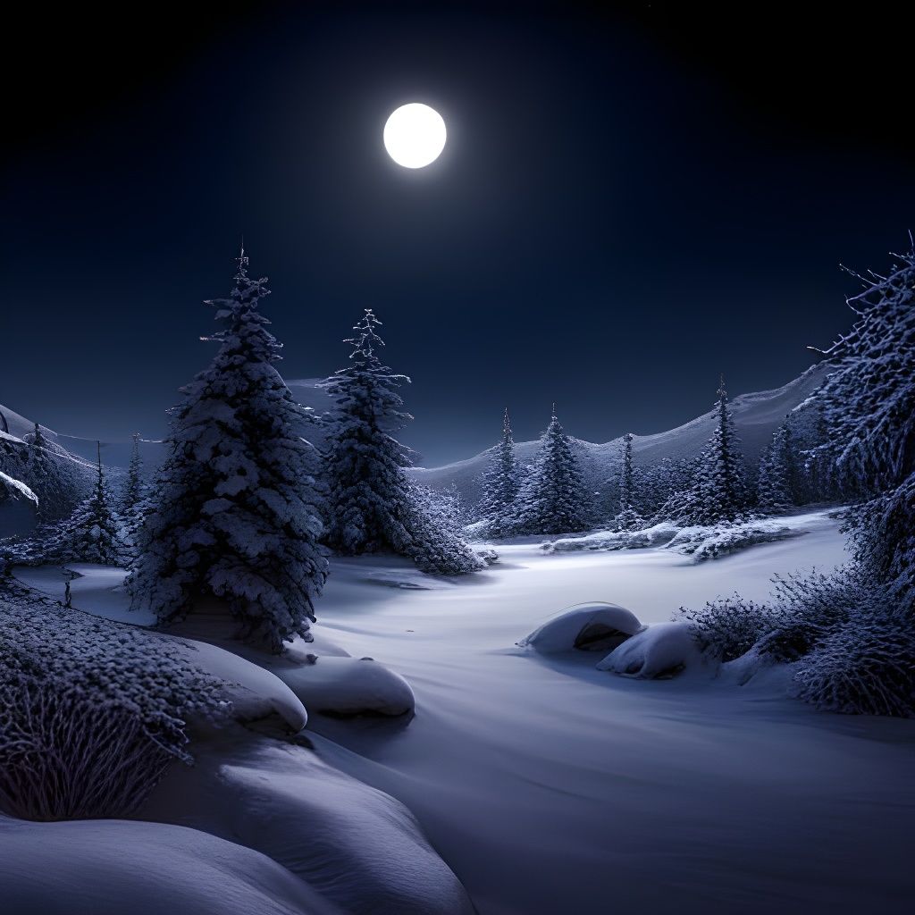 Glittering Snowfall Under Moonlight, Photorealistic Image