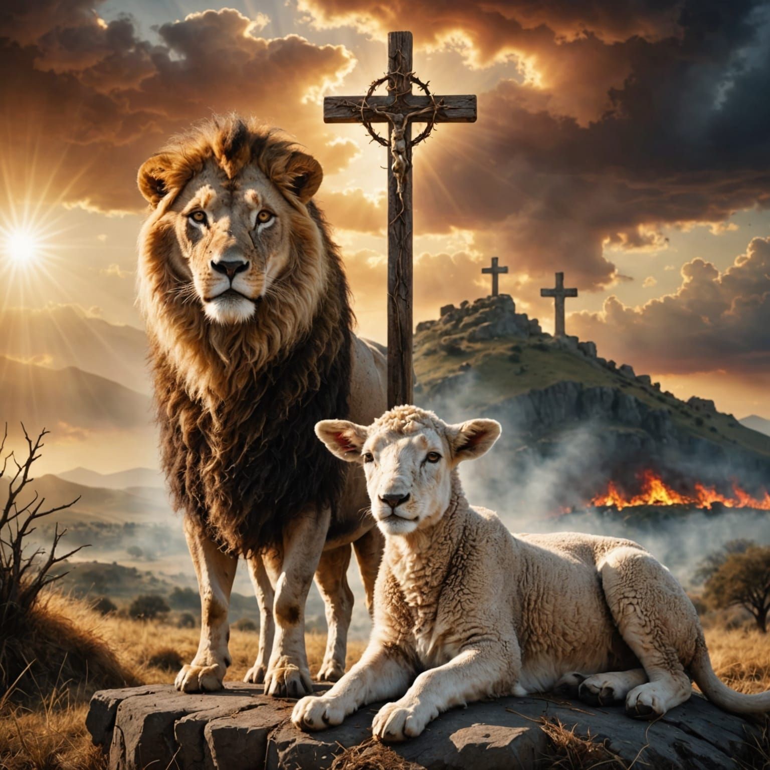 Lamb and Lion Stand Before the Crucified Christ