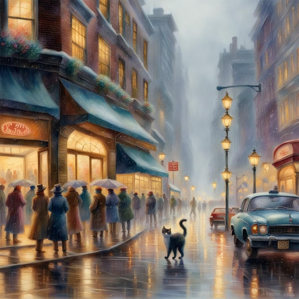 Cat in Rainy Street Corner: Watercolor Style