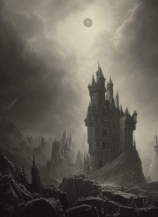 Gothic Castle Under Pale Moon, Charcoal Drawing