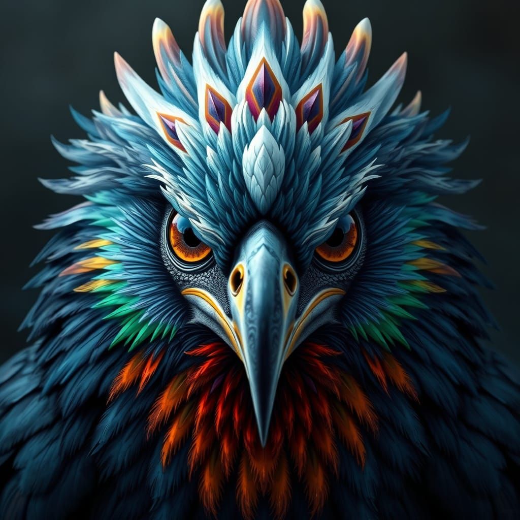 A majestic bird with a human-like gaze, positioned centrally. The bird should have a powerful and detailed dark blue plu...