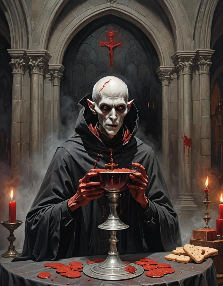 Dark Gothic Vampire at Altar in Religious Portrait