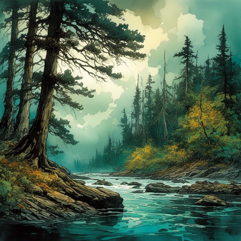 Stormy Forest Shore in Watercolor Style