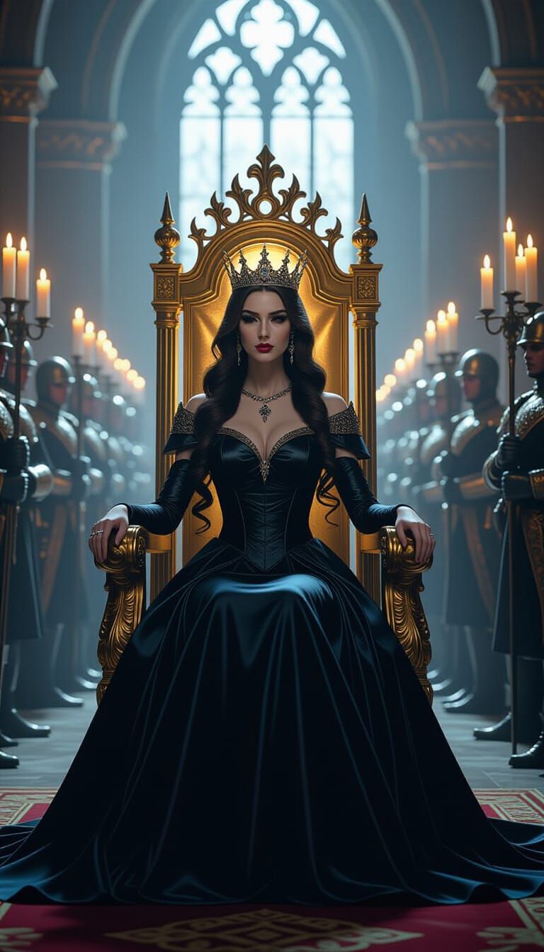 Regal Queen in Mysterious Throne Room with Ghostly Soldiers