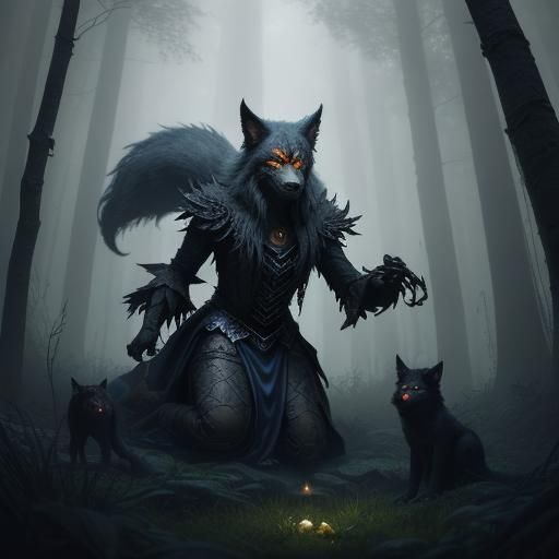 Witch in Silver Mask with Werewolf Pets