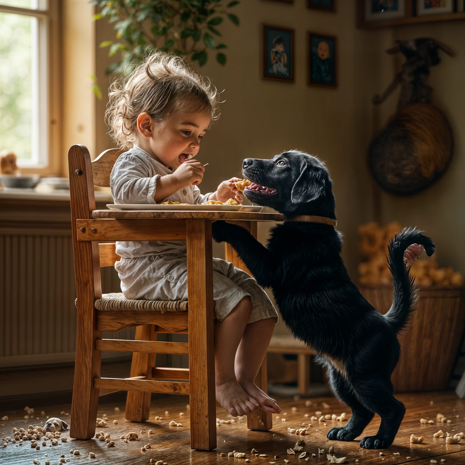 Adorable Black Lab Puppy Begging for Food in a High Chair