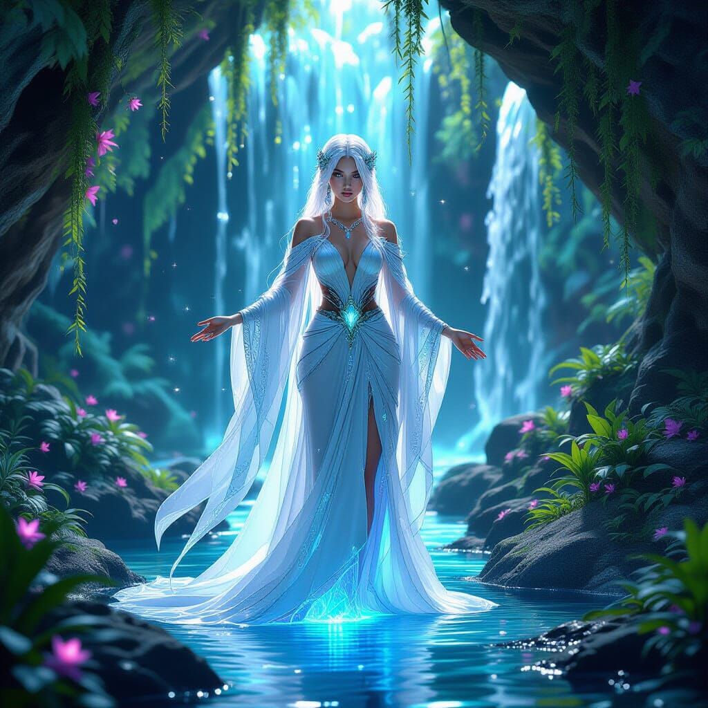 Crystalline Goddess in Bioluminescent Grotto