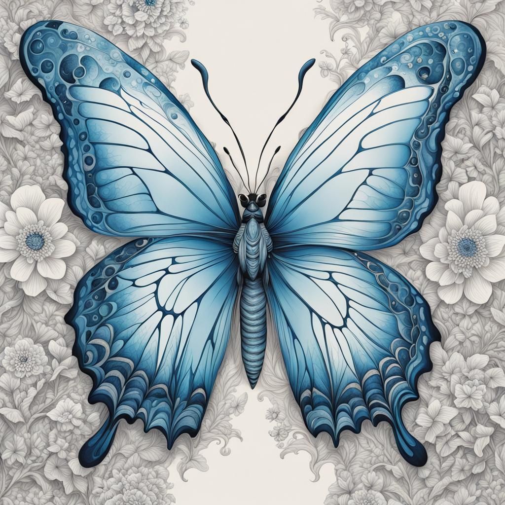 Whimsical Blue Line Art Butterfly Illustration