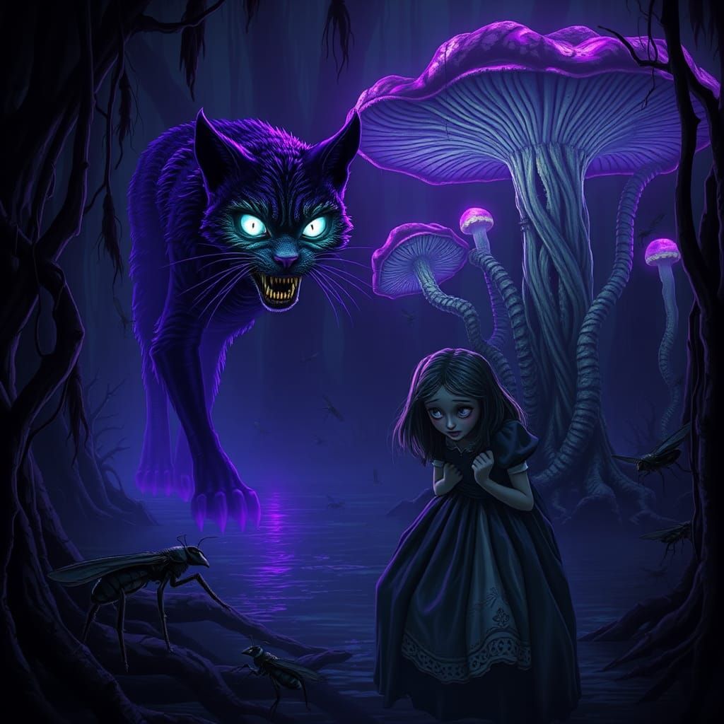 Undead Cheshire Cat in Dark Swamp, Gothic Art