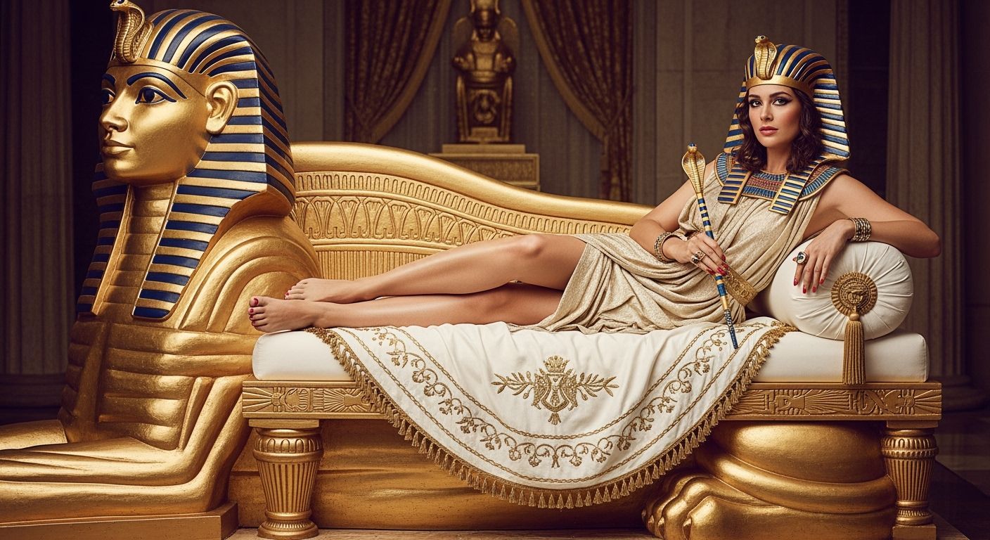 Egyptian Queen Lounging on Golden Chaise Longue