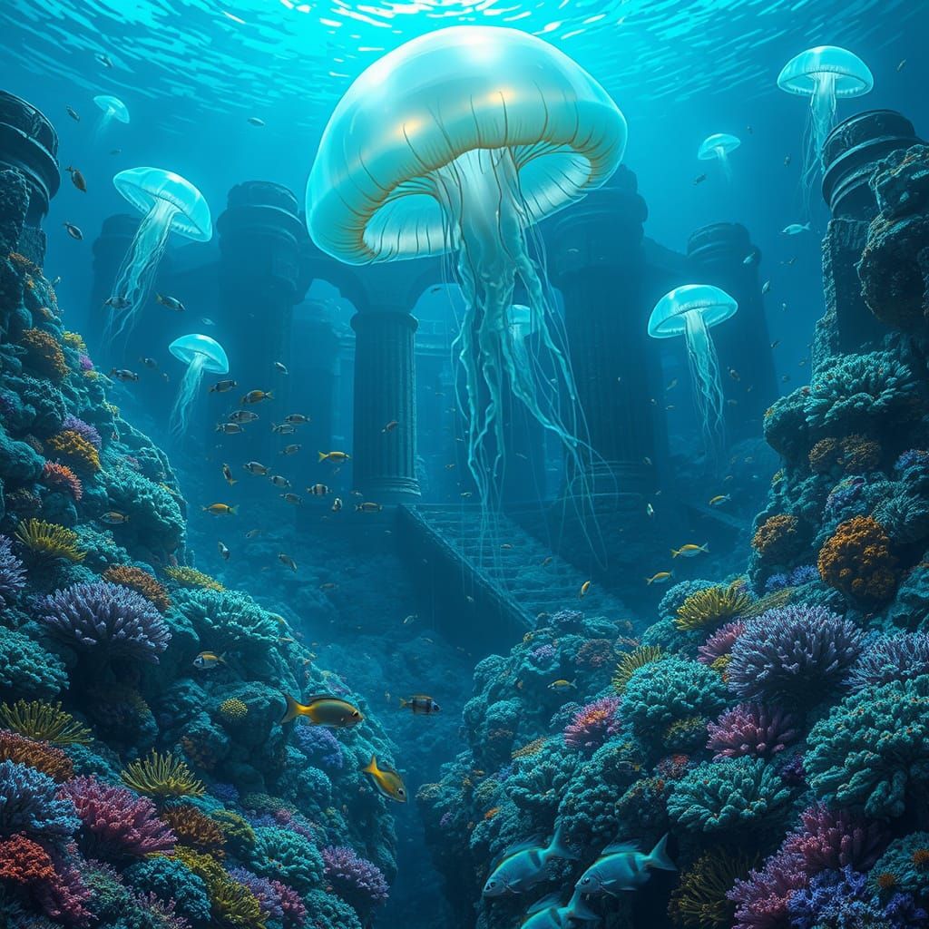 Bioluminescent Coral Reef With Ethereal Jellyfish and Ancien...